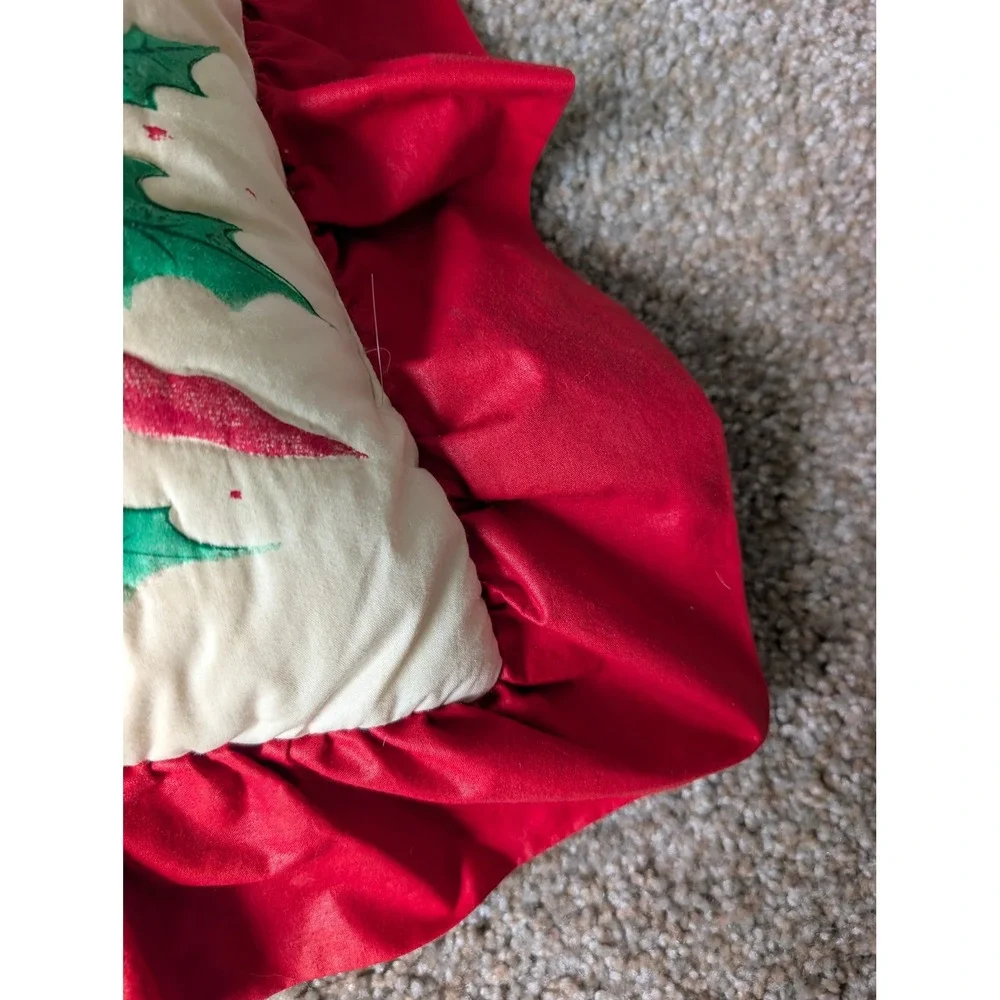 Vintage Christmas Poinsettia Holly Quilted Ruffle Throw Pillow Red Green 16x16